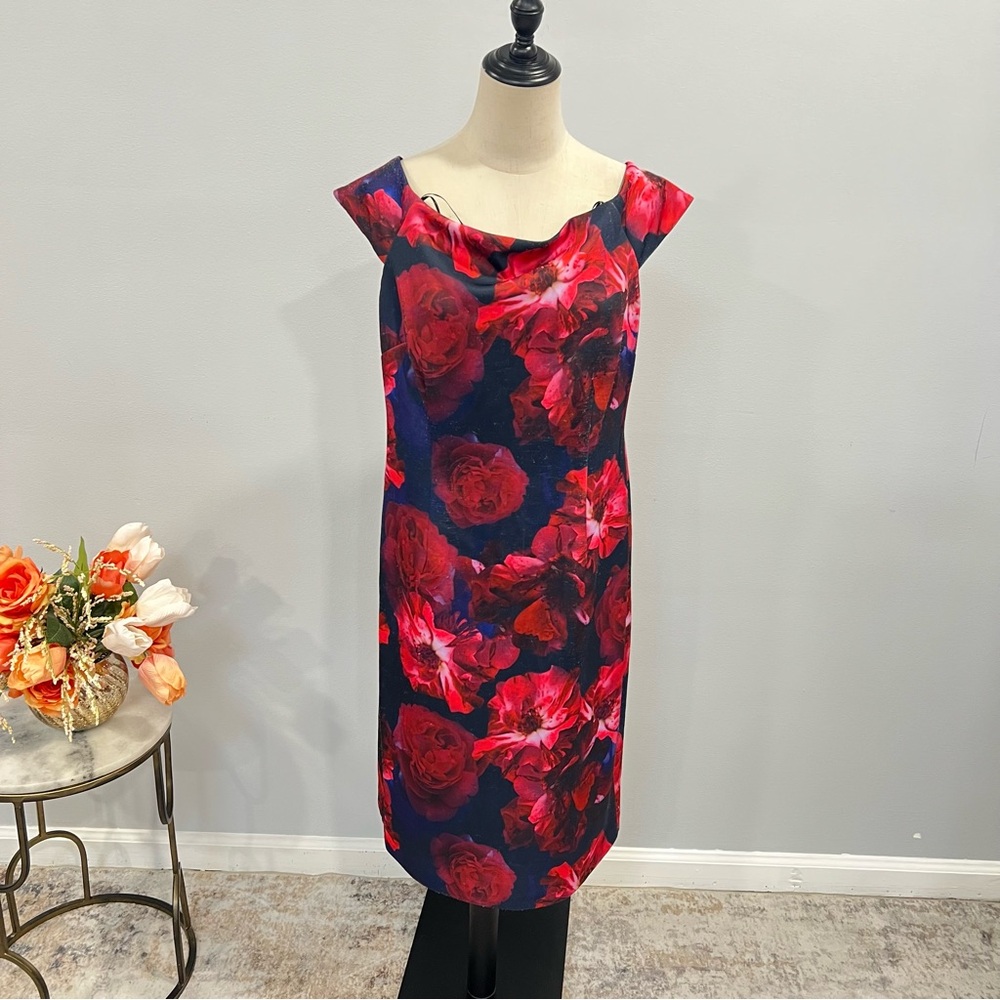 SLNY Navy & Red Roses Floral Off The Shoulder Knee Length Dress - Preloved